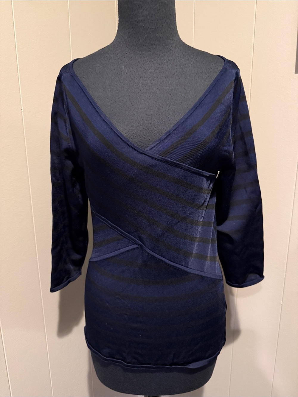 B44 White House Black Market Women’s Small Navy & Black Striped Wrap Tunic - Picture 1 of 8